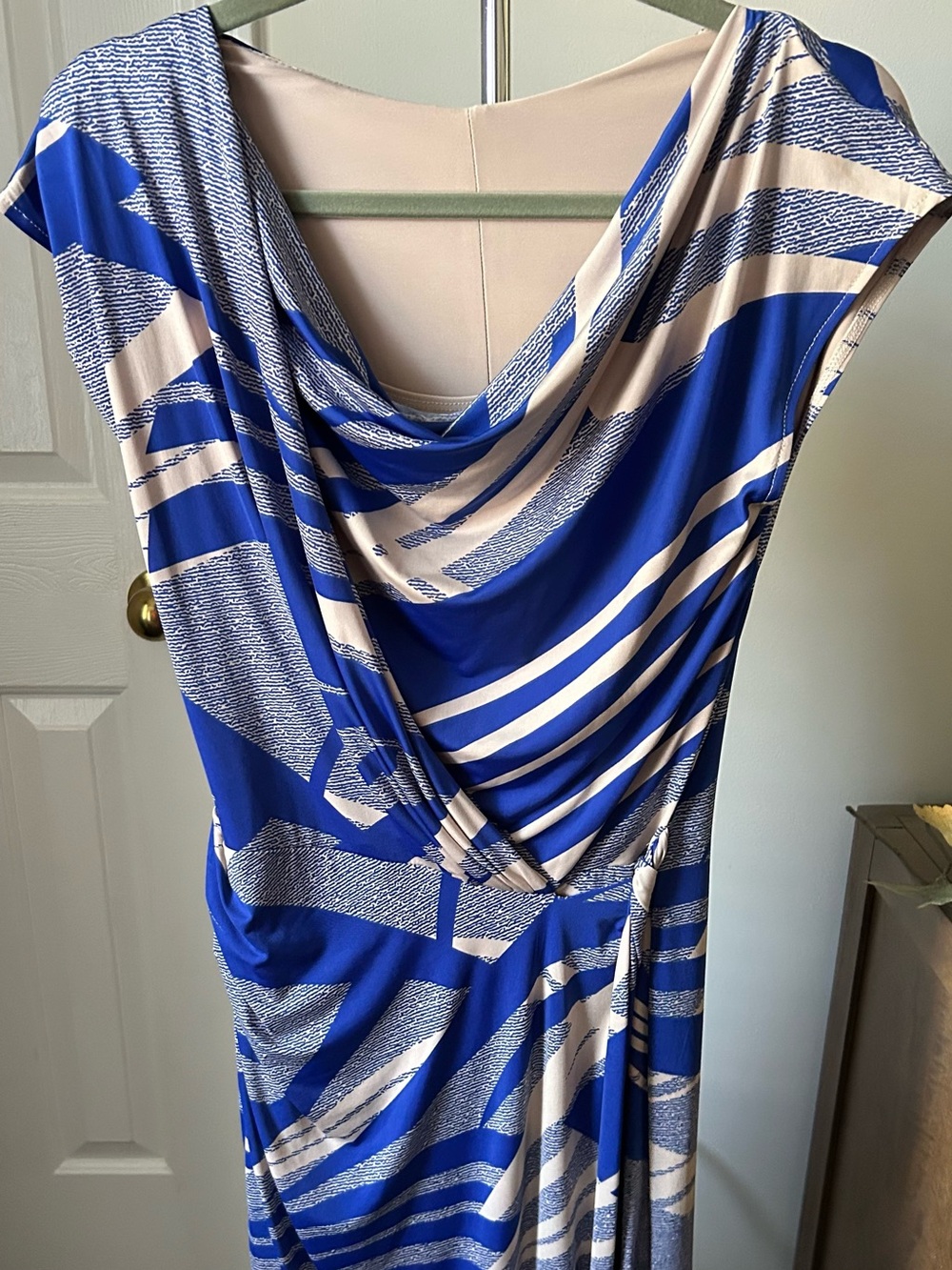 One-Shoulder Blue and Cream Draped Women’s Dress